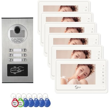 Système d'interphone vidéo filaire pour appartement, 6 unités de moniteur de 17,8 cm, sonnette vidéo intérieure et extérieure, déverrouillage de carte d'identité, audio bidirectionnel, 6 écrans pour