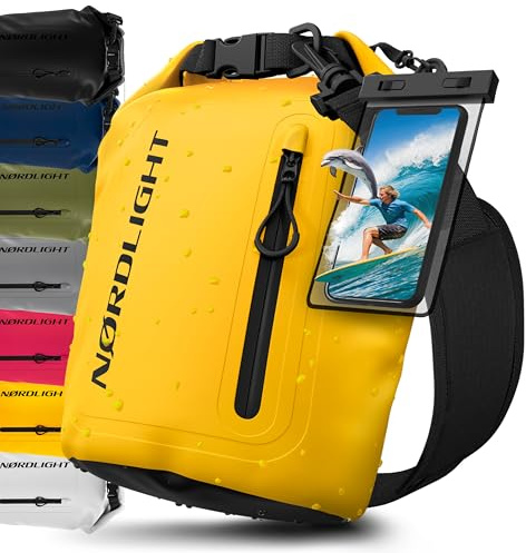 Nordlight Dry Bag Sacca Impermeabile + Custodia per Cellulare + Chiusura Arrotolabile, Tracolla | Zaino Impermeabile Sacca Stagna Borsa | Spiaggia, Canoa, SUP, Immersioni - Giallo, 5 Litri