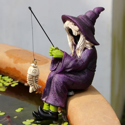 Halloween Angeln Figur, Garten Deko Hexe Figuren, Gartenfiguren für Draußen Wetterfest Hexe, Harz Gartendeko Gesichtslose Hexe Dekoration, Teichfiguren Miniteich Halloween Deko, Geschenke für Angler
