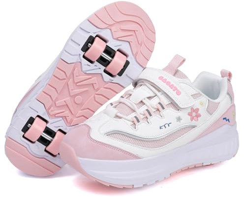 Mateju Chaussures à roulettes Fille Garçon Patins à roulettes Rétractable Enfant avec 4 Roulette, Fleurs 2 en 1 Chaussures de Skateboard Réglables Adolescents pour Femme Homme (Rose,32)