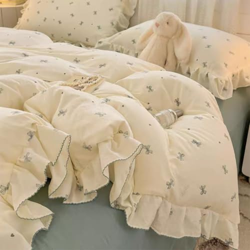 AShanlan Bettwäsche Rüschen 135x200 Blau Schleifen Romantisch Bettbezug Set