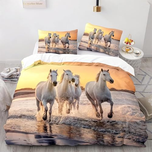 Laufendes Pferd Bettwäsche 155x200 cm Kinder Bettwäsche-Set 3D Sonnenuntergang Strand Bettbezüge Weiche Kuschelig Mikrofaser Bettbezug mit Reißverschluss und 2 Kissenbezüge 80x80 cm B.26