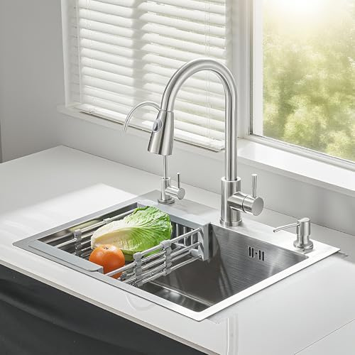 Harnart Evier de cuisine Acier inoxydable Evier de cuisine avec robinet extensible Distributeur de Savon Robinet d'eau pure Panier à vaisselle 1 pc 55 * 45CM,Brossé