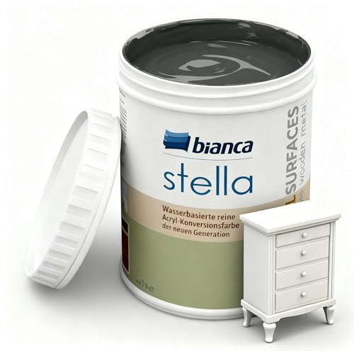 Bianca Stella Möbelfarbe Ohne Schleifen - Wasserbasierter Parfümierter Möbellack für Holz, Küchenschrank, Tisch, Stuhl - Anthrazitgrau, Glänzend, Holzfarbe Innen & Außen, Hochdeckend, Kratzfest, 1L