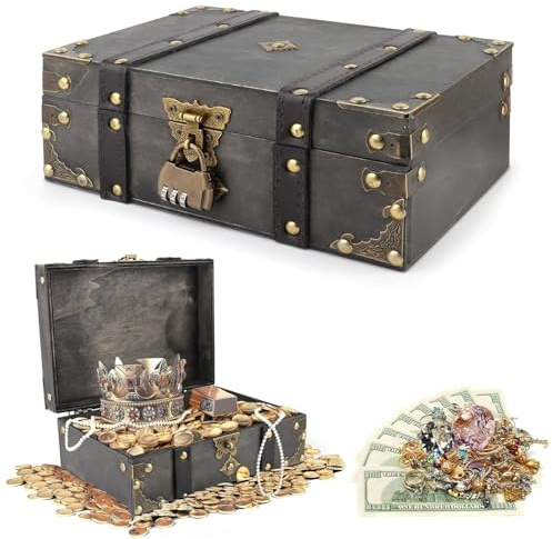 Mailfull Schatztruhe Holz Vintage Schatzkiste mit Schloss 24 X 17 X 9,5cm Piratenschatztruhe Schatztruhe Kinder Lagerung Schmuckkästchen für Aufbewahren und Dekorieren