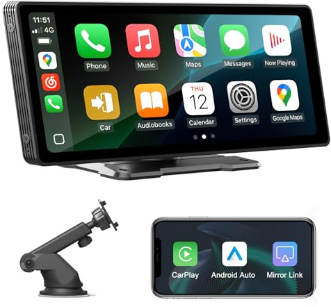 CarPlay sans Fil et pour A-pple Carplay&Android Auto,Écran Tactile IPS de 10.26'' ecran Voiture,Voiture Autoradio,Autoradio Portable avec Mirrorlink/Bluetooth/GPS Navigation/Contrôle Vocal Google/Siri