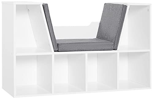 HOMCOM Librería con Asiento, Estantería de Libros con 6 Cubos, Estantería Almacenamiento con Banco con Cojín, Multiusos para Sala de Estar, Oficina, Dormitorio, 102x30x61cm, Blanco y Gris