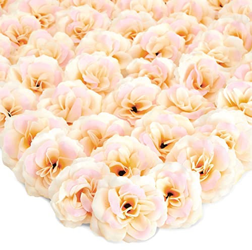 50 Pack Champagne Roses Artificial Flowers Bulk, 7.6 cm Stemless Fake Silk Roses for Decorations, Wedding, Faux Bouquets