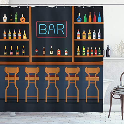 ABAKUHAUS Bar Duschvorhang, Bar Stühle Cocktailflaschen, Stoffliches Gewebe Badezimmerdekorationsset mit Haken, 175 x 200 cm, Braun Blau