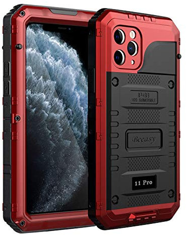Beeasy iPhone 11 Pro Case Red, Waterproof Shockproof Tough Heavy Duty, with Built-in Screen Protector 360 Degree Full Body Military Protective, Drop Proof Metal Cover for Outdoor Sport