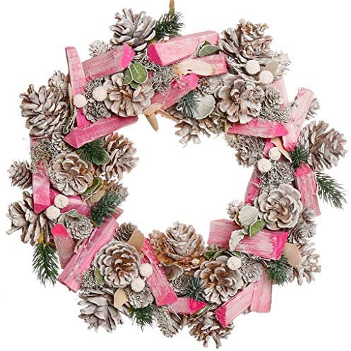 Christmas Front Door Wreath 14 Natural Pine Cone & Pink Wood Hanging Winter Wreath Door Decoration Festive Garland
