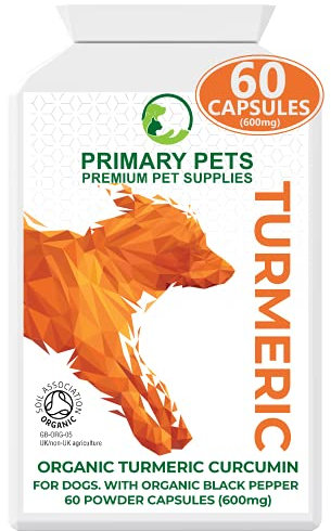 Primary Pets Premium Pet Supplies - Organic Turmeric Capsules for Dogs, 60 x 600mg, Curcumin and Black Pepper Supplement, Supports Dogs Mobility and Wellness, Made with Turmeric Powder