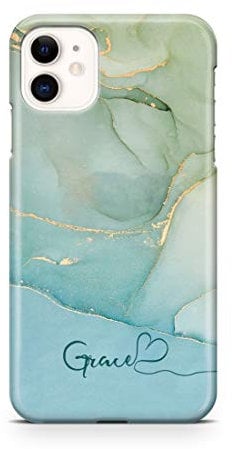 Personalised Watercolour Marble Name with Heart Phone Case for Apple iPhone 11-17. Green to Blue