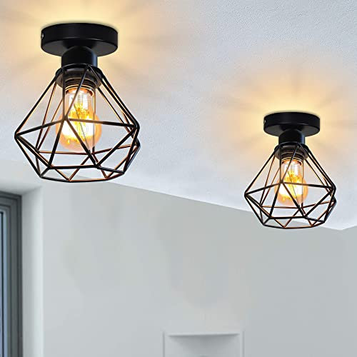 iDEGU 2 Stück Deckenleuchten Industrielle 16cm Retro Deckenlampe aus Eisen Lampenschirm in Käfig Design Vintage Pendelleuchte E27 Lampe für Flur Küche Wohnzimmer Schlafzimmer Dekoration (Schwarz)