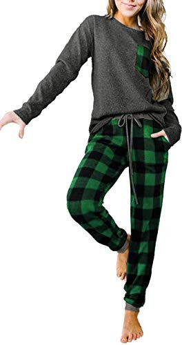Artfish Damen Loungewear Outfits Pjs Langarm Tops und Buffalo Plaid Joggers Pants Pyjama Set mit Taschen, Schwarz-grün-kariert, S