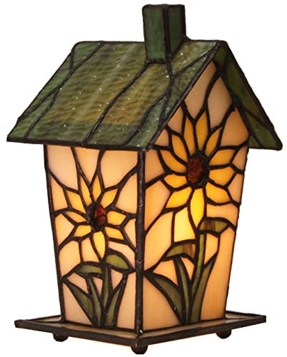 Bieye L30781 Vogelhaus-Tischlampe im Tiffany-Stil, Buntglas, 17,8 cm hoch (Sonnenblume)