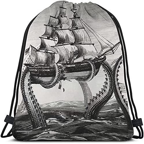 Kraken Kordelzug Rucksack Tasche Vintage Segelboot Ocean Waves Octopus European Style Marine Sea Animals Sport Gym Sack