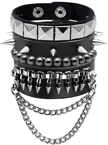 Manfnee 4Pcs Bracciale Spike Chiodo Catena Pelle PU Polsino Punk Gotico Rock Motociclista Uomo Donna