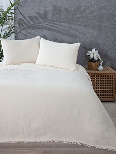 Bettüberwurf, 100% Baumwollmusselin, 4-lagig, weiche türkische Musselin-Baumwolle, wendbar, Elfenbein (für King Size 95 x 102-230 x 260 cm)