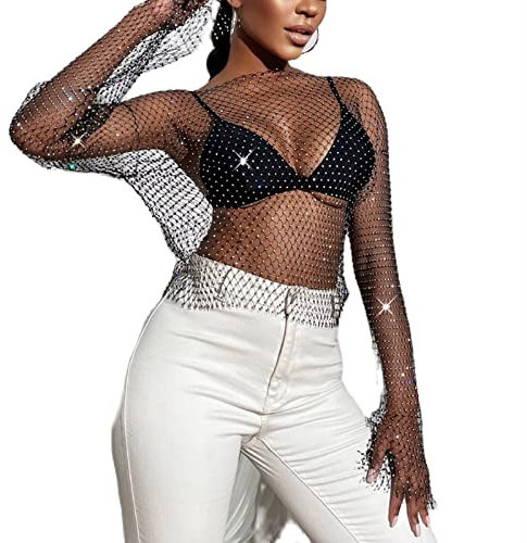 KKPW Damen Mesh Langarm Tops Sexy Durchsichtige Hemden Glitzer Pailletten Tops Blusen Einteiler,Schwarz,S