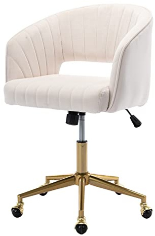 Nrizc Velvet Office Desk Chair, Upholstered Home Office Desk Chairs with Adjustable Swivel Wheels, Ergonomic Office Chair for Living Room, Bedroom, Office, Vanity Study (Beige)
