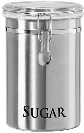 Oggi Stainless Steel Sugar Canister 62 fl oz - Airtight Clamp Lid, Clear See-Thru Top - Ideal Sugar Container for Countertop, Sugar Jar, Bulk Sugar Storage. Large Size 5 x 7.5.