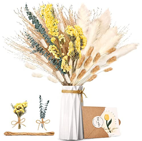 Pampasgras Trockenblumen Deko - Natürliche Pampasgras Getrocknet Flauschige Wedel, Eukalyptus Getrocknet und Lagurus Trockenblumen Strauß, Dekoration für die perfekte Hochzeit、Arrangements Heim Decor