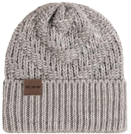 KNIT FACTORY - Sally Mütze - Strickmütze für Damen und Herren - Beanie - Wintermütze mit Wolle - Robusten Look - Hochwertige Qualität - Grau/Beige