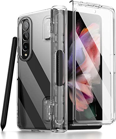 SURITCH für Samsung Galaxy Z Fold 3 Hülle, Front Und Rückenschutz Handyhülle Hart PC TPU Bumper Eingebautem Displayschutz Stoßfest Schutzhülle mit Stiftschacht für Samsung Z Fold 3 5G-Klar