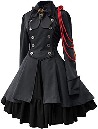 Cockjun Gothic-Kleid mit Rundhalsausschnitt, Langarm, Renaissance-Kleid, Damen, Rüschen, Damen, Vintage-Kleid, Damen, Gericht, eckig, Kragen, Patchwork, Prinzessinnenkleid, Mittelalter, Retro, Bogenk