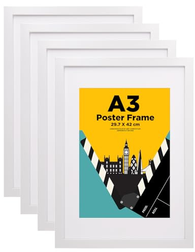 EGOFINE A3 Frames White Set of 4 - Wooden Picture Frames Matted for A4, A3 Photo Frames with Plexiglass Front for Wall Mounting, 29.7 X 42 cm Poster Frames for Portrait, Printing