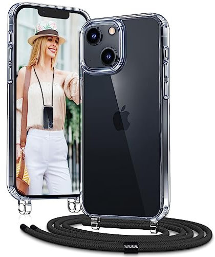 Vaykwo Handykette mit Band für Apple iPhone 14 Hülle und iPhone 13 Hülle - Necklace Handyhülle - Transparente Case zum Umhängen mit Kameraschutz und Bildschirmschutz - Schwarz