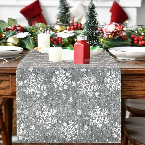 COLOFALLA 27x275cm Tischläufer Weihnachten Winter Mit Schneeflocken in Grau - Weihnachtstischläufer Tischband (Schneeflocken)