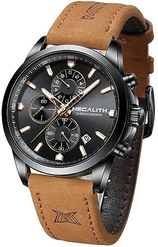 MEGALITH Mens Watches Sport Chronograph Brown Leather Wrist Watch Men Waterproof Quartz Analogue Watches Date Luminous