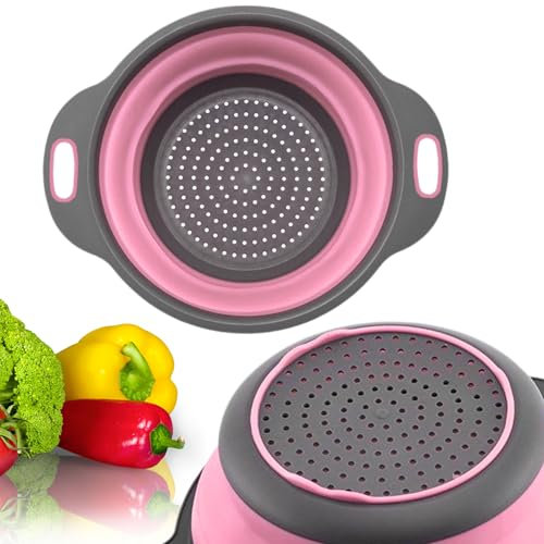 Pink Round Silicone Colander Collapsible – Foldable Kitchen Strainer Small Collapsible Colander Pink with Plastic Handles for Draining Vegetable and Fruit Round Silicone Kitchen Strainer for Pasta