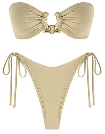 ZAFUL Metal Ring Bandeau Bikini Set mit Bindebändern, Hochgeschnittenes 2-Teiliges Badeanzug-Set, Cutout-Schwimmbekleidung, S