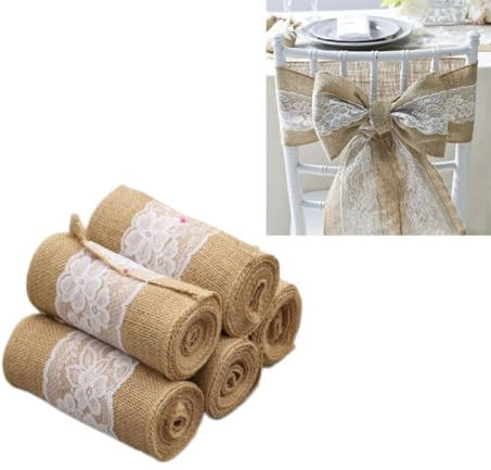 Wisafory 2 Stück Jute Stuhlschärpen Stuhlschleife Natürliche Juteband Rolle mit Spitze Schleifen Stuhl Schärpe Vintage Leinen Tischläufer Tischband für DIY Hochzeit Party Deko 15x240cm
