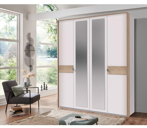 Lomadox Kleiderschrank Drehtürenschrank 4-türig, 2X Spiegel, 183 cm breit mit Passepartoutrahmen in weiß mit Eiche