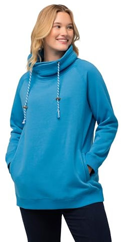 Ulla Popken Damen Camiseta Sport, Cuello Alzado Ancho, Bolsillos, Mangas Largas Raglán Sweatshirt, Aqua Blue, 40-42