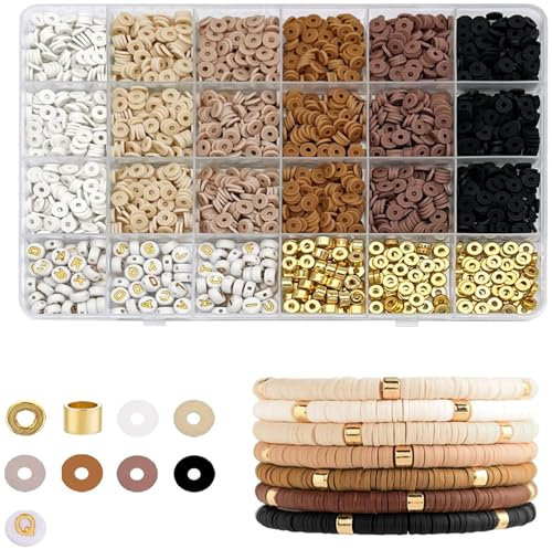 2464pcs Heishi Perlen für Armbänder Beads For Bracelets Handgefertigte Buchstabenperlen Flache Runde Clay Beads für Ohrringe, Fußkettchen, Armbänder, Halskettenschmuck (6 mm)