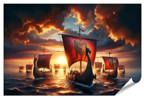 islandburner XXL Bild Poster Sonnenuntergangsflotte: Wikinger-Langschiffe bereit zur Fahrt Premium Bilder Fotodruck