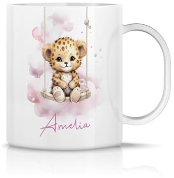 iCaseDesigner Personalised Childrens Polymer Mug - Cute Baby Leopard on a Swing - Pink Theme