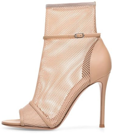 WOkismD Stivaletti open toe in rete nera da donna Tacchi alti a spillo Sandali alti con punta aperta Stivali estivi Cinturino con fibbia Scarpe eleganti da ballo,Beige,37