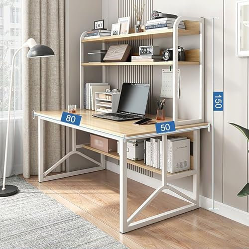 Scrivania per Computer con Gabbia e Libreria, Tavolo Da Studio Scrivania con Gambe In Metallo, Postazione di Lavoro Moderna Salvaspazio per Ufficio con Ripiani(80x50x150cm(31x20x59inch), Wood)