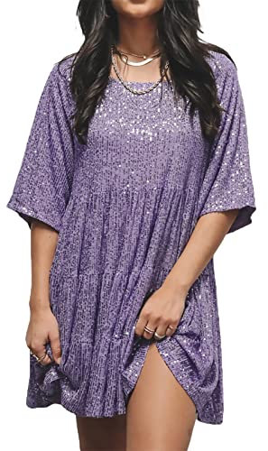 Qianderer Damen-Minikleid mit Pailletten, kurzärmelig, lässig, glitzernd, Tunika, T-Shirt, Kleid, gestuft, Party, Club, Disco, Tanz, Minikleider, violett, S