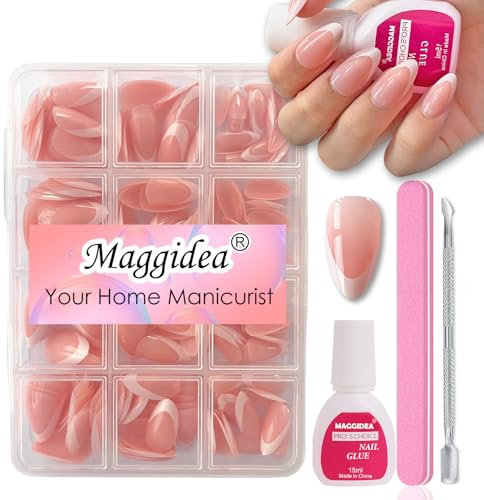 Maggidea False Nails Kit, 240 Pcs French Tip Press on Nails, Fake Nails Nude Base Glossy Full Cover Glue on Nails Nail Art Manicure for Women (Short Deep Arc Almond-Nude Base)