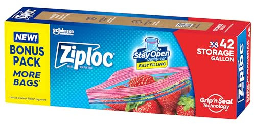 Ziploc Gallon Food Storage Bags, Stay Open Design with Stand-Up Bottom, Easy to Fill, 42 Count