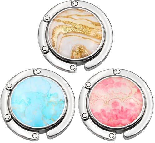 Wisebom 3 Pcs Ganchos de Bolso para Mesa, Ganchos para Bolsas Antideslizantes Plegables Soporte de Monedero Plegable Redondo Colgador Bolsos Marmoleado para Escritorios, Restaurantes, Oficinas