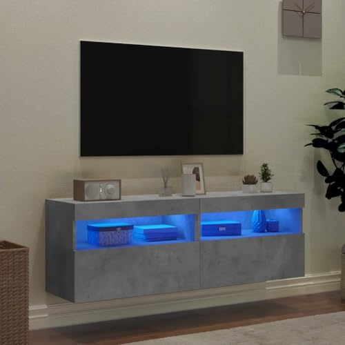 Canditree 2pcs Floating TV Cabinet with LED Lights Floating TV Stand 120cm | Floating TV Shelf with Storage, Wall Mounted Entertainment Center, Concrete Grey