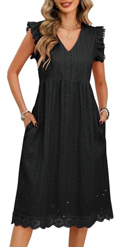 UMIPUBO Robe Ete Femme Midi Col V Robe Boheme avec Poches Manches à Volants Coton Robe De Plage Chic et Elegant Longueur Genou Décontracté Casual (Noir, L)